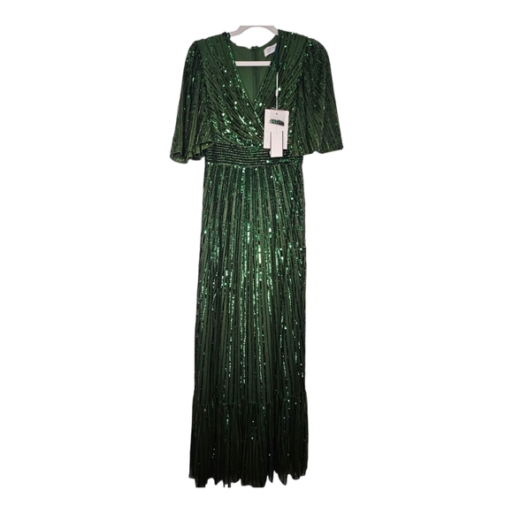 Mac Duggal Women Long Flutter Sleeve Deep V Ruffle Hem Sequin Gown Green Size 4 - Picture 4 of 5